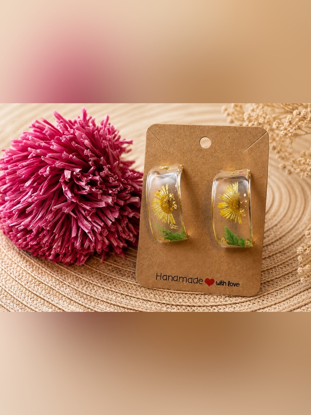 Handmade Pressed Daisy Resin Hoop Earrings Gold Botanical Boho Jewelry